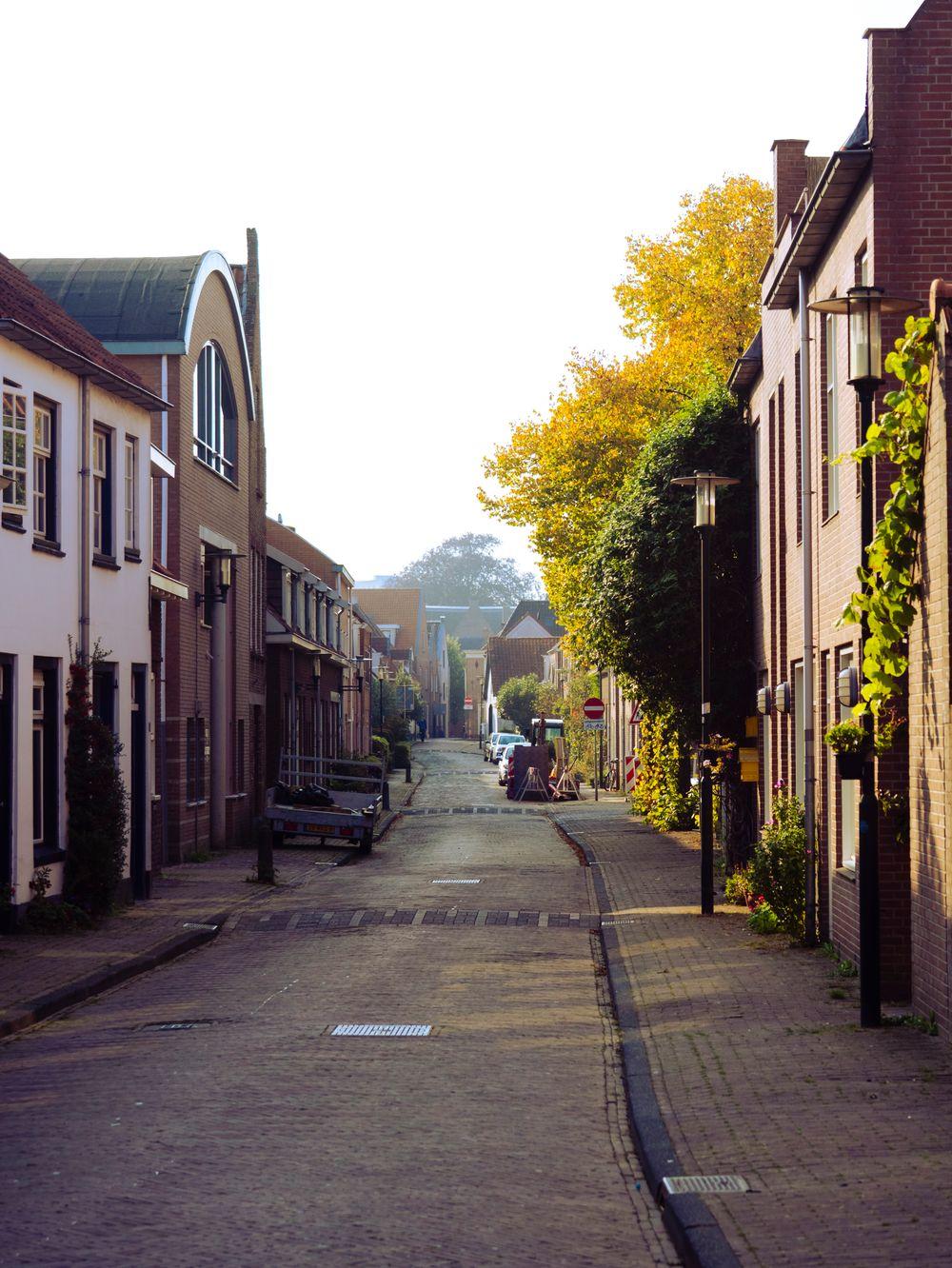 Woonstraat met appartementen boven en bomen in herfstkleuren.