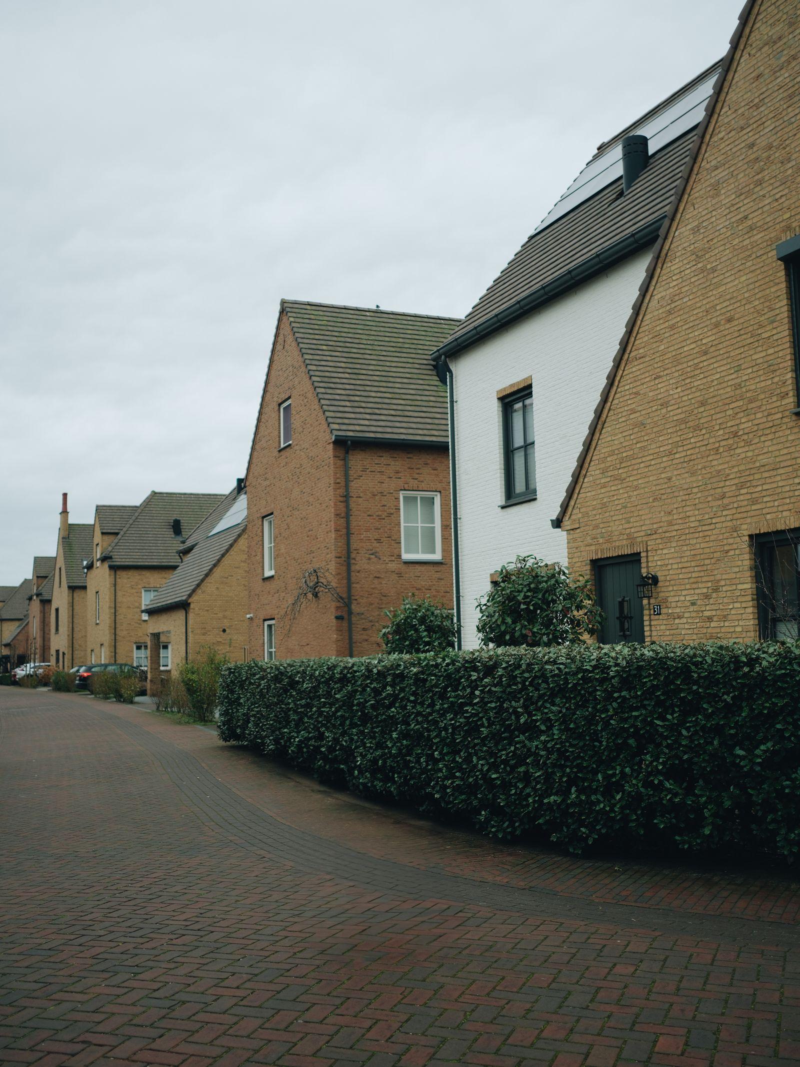 Nederlandse woonstraat met moderne baksteenwoningen en hagen.